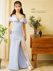 サックス [AR24807-W-2401]24336【Angel R/エンジェルアール】バストビジュー/ オープンフリルショルダー/ スリット/ タイト/ ロングドレス/ キャバドレス /  / ナイトドレス/ ワンピース long