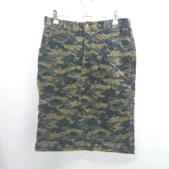 ◇ ⊇　美品 ニコアンド ミリタリー系　膝丈 台形 ストレッチコールカモフラ柄スカート サイズL グリーン系 レディース E  【1507080012057】
