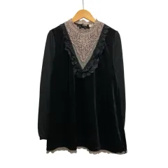 アクシーズファム axes femme ブラウス 長袖 無地 レース フリル ベロア PS33X13 M 黒 ブラック