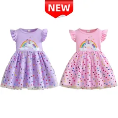 ✨新品✨ 女の子 ユニコーン レインボー ワンピース 紫 パープル ピンク チュール ハート柄 キッズドレス フォーマル 発表会 誕生日 プリンセス 100 110 120 130cm