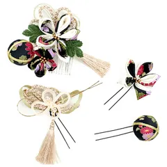 髪飾り ４点セット 黒 白 成人式 花 つまみ細工 ちりめん 水引 和風 結婚式 浴衣 七五三 卒業式 入学式 ヘアアクセサリー 髪留め 日本製 バレンタイン クリスマス 誕生日 送料無料 クロ W 78 324-302 u782　Si