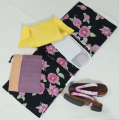 新品 プレタ 浴衣・浴衣帯・下駄・麻の巾着袋 ４点 セット ＋レース帯板プレゼント 椿模様 綿 フリーサイズ 浴衣セット 【送料無料】【浴衣 ゆかた 女性 花火大会 夏 イベント 催事 発表会 お祭り 単衣】