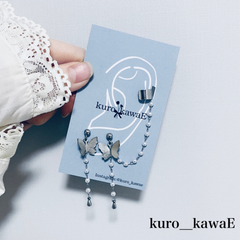 両耳用-蝶のパールチェーンピアス/フレンチガーリー 大人かわいい シルバー