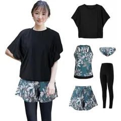 水着 レディース 体型カバー タンキニ 5点 セット ４サイズ タンクトップ ショートパンツ Tシャツ ラッシュガード ママ水着