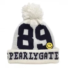 【美品】パーリーゲイツ ニット帽 白×ネイビー ロゴ ニコちゃん スマイル ボンボン付  FR  ゴルフウェア PEARLY GATES