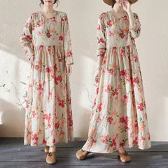 ロングワンピース ワンピース レディース 綿麻 春 夏 秋 花柄 体型カバー ゆったり 長袖 Uネック フレアワンピース 柔らかい Aライン ハイウエスト きれいめ おしゃれ 韓国ファッション 新作 chaoliu37