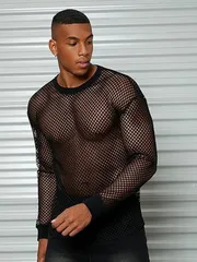 メンズ Tシャツ  ネット シャツ  メッシュ トップス シースルー 長袖 シアー クルーネック 透け感 快適 タイト 重ね着 カジュアル ダンス パーディー 春秋 夏 hongshuo03