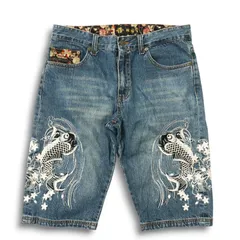 雅結 みやびむすび 春夏 USED加工★ 和柄 鯉 波 花 刺繍 デニム ハーフ ショート パンツ ジーンズ Sz.L メンズ
