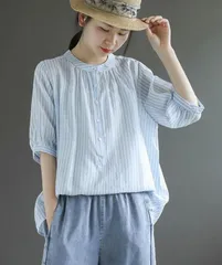 ブラウス レディース 半袖 シャツ ブラウス 夏 ストライプ シャツブラウス 綿麻風 トップス 五分袖 半袖 大きめ ゆったり