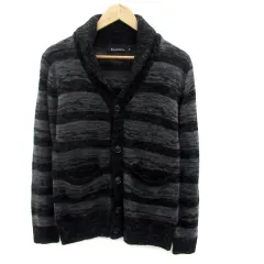 ローズバッドカップルズ ROSE BUD COUPLES ニットカーディガン ショールカラー ミドル丈 ボーダー柄 M 黒 ブラック グレー /HO35のサムネイル