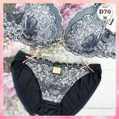 ★D70/M☆美胸ブラ＆ショーツセット 丸胸 ナチュラルバストメイク 煌びやかなジャガード風 紺