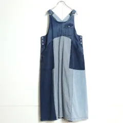 アズノゥアズ★パッチワークデニムサロペットスカート！　可愛いドットとストライプ柄　ポケットたくさん　大きいサイズ19　青系　z14350