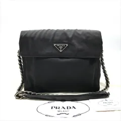 良品 PRADA プラダ ナイロン テスート 三角ロゴ プレート チェーン ショルダー バッグ ブラック k2639
