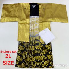 紋付袴 5点セット 着物 羽織 袴 長襦袢 角帯 裄75cm 袴丈91cm 2L 金 黒 五つ紋 中古 4517