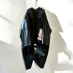 コート ユニセックス メンズ レディース リメイク 着物 帯 黒 レザー ブラック 再構築kimono leather gown coat 久喜倉庫店NO.0040