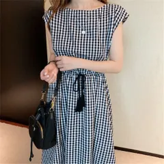 ☆ チェック ☆ XLサイズ ☆ ワンピース lydress02 ワンピース ノースリーブ レディース ワンピ ラウンドネック ミドル丈 リボン コットン 無地 綿 ひも 紐 シンプル カジュアル 通学 通勤 かわいい おしゃれ
