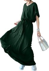 newNE (Newne) Short-Sleeved, Simple, Loose V-Neck Casual Dress with Ribbon Belt and Waist-Defining Ribbon Tie. Suitable for Maternity Wear. A trendy, long-length dress perfect for travel. Features a shirred waist and a princess-style design. (Green, XL)