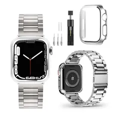 【在庫セール】装着簡単金属ベルト 耐衝撃 Apple Apple Watch Watch 光沢全面保護 Series メッキ柔軟性にPC素材を加工 カバー 9/8/7/SE2/SE/6/5/4/3/2/1 アップルウォッチ Apple 保護ケース付き 40mm