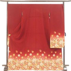 振袖 身丈176cm 裄73cm 前幅25cm 後幅30cm 袖丈113cm 袖幅36cm レディース 袷 桜 裄長 裄LLサイズ 秋冬春用 正絹（シルク）レッド トールサイズ 美品 リメイク リユース リサイクル【呉服のきくや】