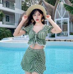 【韓国水着】ギンガムチェック　フリル　ビキニ　セットアップ　体系カバー