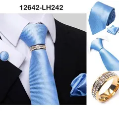 発表会　ライトブルー チェック柄　ネクタイ　ポケットチーフ　カフスボタン　リング　4点 セット　結婚式　イベント　卒業式　入学式　入社式　父の日　七五三祝い　ダンスパーティー　バーテンダー　格安