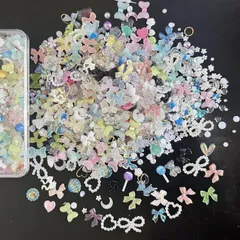 【数量限定】ネイルパーツ ネイルパーツ ストーン リボン 可愛い ハート 大きめ 花 ネイルアート デコパーツ クマ 半円パール キャンディー ジュエリーパーツ 立体 ランダム形 3D (マルチカラー 約400個入り B)