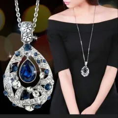 超人気　レディース　ネックレス　ペンダント　ロング　ブルー　紺　豪華　ゴージャス　シルバー