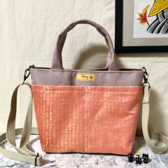 2WAYミニトートバッグ 般若心経(西陣織) ピンク ハンドメイド メンズ レディース ハンドバッグ