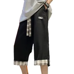 メンズ ハーフ パンツ ワイド ズボン ウエスト ゴム 七分丈 ガウチョ リラックス スウェット (JP, アルファベット, L, ブラック) [ブラック] [L]