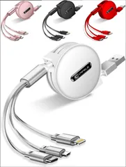 巻き取り式 3in1 充電ケーブル 同時充電可 データ転送 1.2m 5種類
