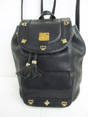 MCM レザー 巾着 リュックサック ブラック 金具ゴールド色 約縦21.5×横23×マチ14.5cm LF0001-0606-4