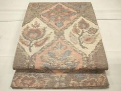 平和屋着物○アンティーク 大正ロマン 九寸名古屋帯 総刺繍 休み鳥枝椿  