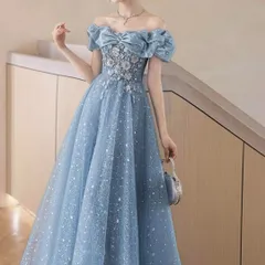 お花のデザインにパールが可愛い フリルのオフショルのドレス