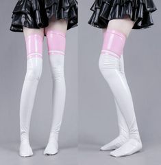 Lサイズ　白・PINK　PUエナメル光沢仕上げ　ニーハイ丈ストッキング　コスプレ衣装