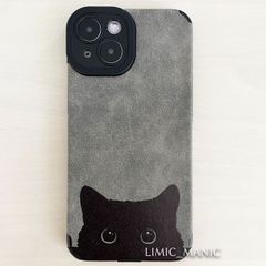 iPhone 14 / 13 ケース スマホ 背面取り付け型 猫 CAT ネコ ねこ スウェード調 グレー アイフォン