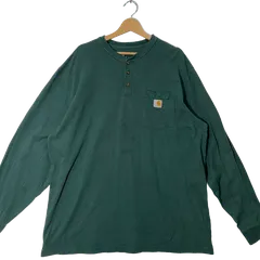 Carhart カーハート ヘンリーネック ポケット ロンT ワンポイント 刺繡 オーバーサイズ ビッグシルエットGUATEMALA製 XLサイズ グリーン