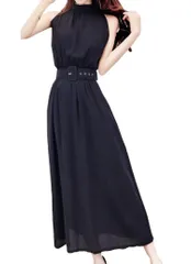 [ALL DAY Shining] ロングドレス ベルト付き 自己調節可能 ノースリーブ シフォン きれいめ マキシ丈 ワンピース パーティー イベント リゾート カジュアル フォーマル ロング ハイウエストワンピース ハイウエスト ロン [ブラック] [L]