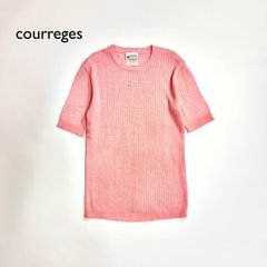 ci49 Courrges 70s フランス製品 半袖ピンクリブニット フロントロゴ