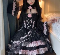黒　ピンク　天使系ロリータ ワンピース ドレス  フリル 高低差スカート リボン付き 甘ロリ 撮影衣装 フォーマル ゴシック風　ロリータ　ロリィタ　界隈　渋谷　原宿　ドレス　コンカフェ　推し活　コスプレ　姫系　サブカル　ゴスロリ