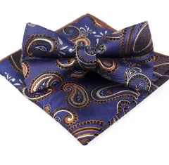 蝶ネクタイ　ポケットチーフ　2点セット　結婚式　発表会　パーティー　イベント　卒業式　入学式　入社式　ネイビー色　ブラウン色　ゴールド色　オレンジ色　シルバー色　ペイズリー柄　ワンタッチネクタイ　スーツ　ワイシャツ　格安　メンズ蝶ネクタイ　チーフ　2点　セット