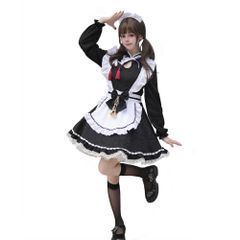 S_長袖セット [RPFLQ] メイド服 コスプレ ハロウィン 仮装 ロリータ ロリ 蝶結ぶ 胸空き コスチューム レディース エプロン 衣装 長袖 半袖 フリル 可愛い 萌え 撮影 学園祭 イベント 活動 ヘアバンド ニーハイソックス付き (長袖セット, S