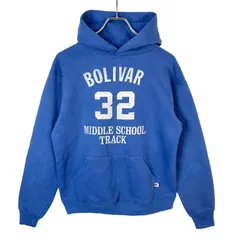 80s90sUSA製ラッセルアスレチックRussell athleticプルオーバーパーカーフーディカレッジ系ナンバリングMIDDLE SCHOOL TRACK青ブルー白ホワイトフェードフロントプリントvintageヴィンテージ50308