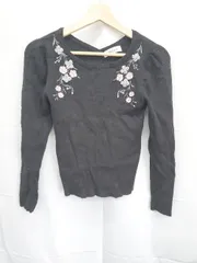 ◇ ⊇ MISCH MASCH ミッシュマッシュ 装飾ビジュー 花柄 刺繡 長袖 リブニット カットソー サイズM ブラック レディース E  【1505290028974】