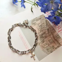 ハンドメイドブレスレット　クロス＆パールのチェーンブレスレット