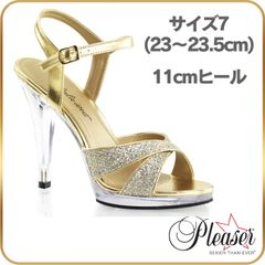 23 23.5 cm キャバ ヒール サンダル Pleaser プリーザー 11cm 12 センチ ヒール 金 ゴールド クリア グリッター ラメ ハイヒール ピンヒール クリアヒール オープントゥ キラキラ アンクルベルト 衣装 女装 レディース メンズ