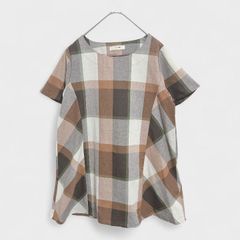 【美品】【チアフリー】『Cheerfully』[チェック柄チュニックトップス] ゆったりサイズ ブラウン系 茶系 (L) 商品A2316 管理D