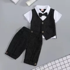 新作　半袖フォーマルスーツセット　男子　ストラップ柄　ブラック　七五三　結婚式　お祝い会　お誕生日会　卒園式　入園式