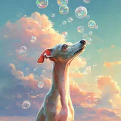 名入れOK【犬とシャボン玉 - イタリアングレーハウンド犬 No.1】イタグレ アートポスター うちの子記念日 ペットロス 北欧 ナチュラル