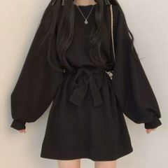 【新品】カジュアルガーリー♡オーバーサイズウエストリボンワンピース レディース ワンピース 長袖 カジュアル ゆったり 着痩せ 黒 ブラック S M L 　A0982