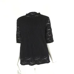 トップス カットソー 花柄 チュール レース シアー ハイネック ストレッチ 5分袖 半袖 M 黒 ブラック
